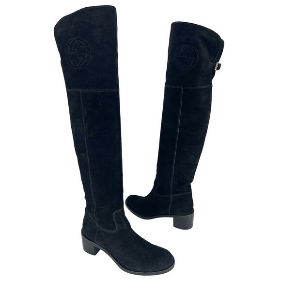 Gucci Soho Black Suede Over-The-Knee Boots GG Logo Size 40.5 / US 10.5 - Picture 4 of 16
